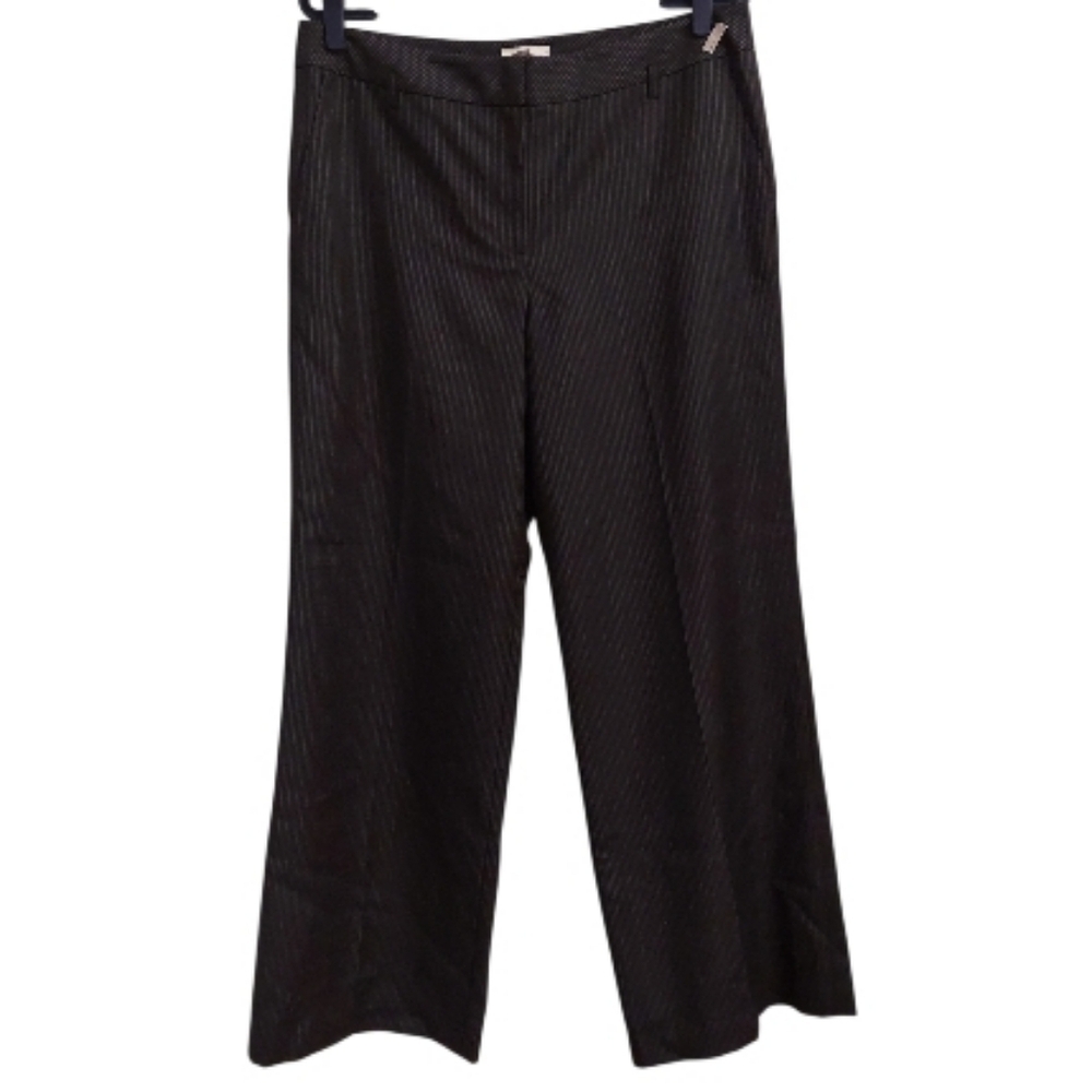 LOFT Ann Black And White Pinstriped Flat Front Wide Legged Wool Blend Trousers